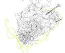 ジャケットやアイコン洗練された緻密な線画制作します 圧倒的密度。複数のモチーフをパズルのように編み上げる緻密線画 イメージ2
