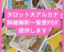 タロット大アルカナ詳細解釈一覧表PDF提供します 基本キーワード／出来事の解釈例+人間関係／恋愛上の意味 イメージ1