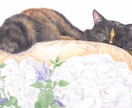 ペットの似顔絵をお好きなお花と共にお描きします 原画郵送！/ハガキサイズから/額縁付き/お花と動物 イメージ1