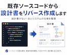 既存ソースコードから設計書をリバース作成します 設計書がない古いシステムの仕様を、ソースコードから整理します イメージ1