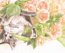ペットの似顔絵をお好きなお花と共にお描きします 原画郵送！/ハガキサイズから/額縁付き/お花と動物 イメージ3