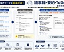 録音を送るだけ。議事録・要約・ToDo化します 会議や打ち合わせ内容を見やすく整理します イメージ3