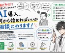 AI導入、何から始めればいいか相談にのります 情報が多すぎ！そんな方のために、最初の一歩を一緒に考えます。 イメージ1