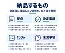 文字起こしを次の行動が分かる議事録に整えます 決定事項・ToDo・担当・期限・持ち越しまで整理します イメージ2