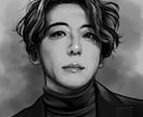 モノクロのシック＆クールなリアル似顔絵描きます グレー以外にもセピアやグラデ等、ご希望の背景色が可能。 イメージ1