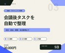 会議後の決定事項とタスクを自動整理します 議事録から担当・期限・未決事項まで一覧化 イメージ1
