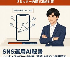 SNS運用AI秘書｜凍結対策で24時間自動化します 1日80件リミッター内蔵／深夜停止・ランダム待機付き