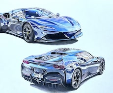 写真をもとに車バイクを二通りの構図で描きます Ｂ 4サイズのケント紙に色鉛筆でリアルに描きます。
