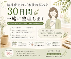 精神疾患のご家族の悩みを30日間一緒に整理します 状況変化・接し方・受診・家族負担｜精神科30年の看護職が対応