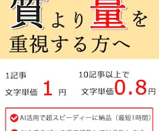 AI文章×プロの編集でスピーディーに大量納品します AIを活用し、スピーディーで大量納品を実現します。