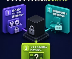 社内の属人化したツールや業務を整理します 誰が作ったかわからないシステムを調査・文書化します