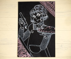 ポストカードサイズのイラスト描きます 黒の用紙にレトロな絵柄で、人物とゼンタングルを描きます。