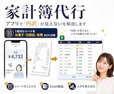 家計簿代行｜アプリで「内訳」が見えないを解消します 1枚のレシートがお菓子/日用品などに分類され、ムダを見える化