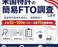 米国特許の簡易FTO調査します 主要な関連特許を抽出しリスクを整理