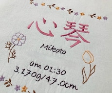 オーダーメイドの手刺繍命名書を作成します お子さんの名前にちなんだイラストを刺繍致します