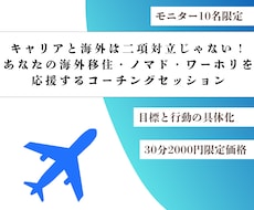 海外移住・ノマド・ワーホリ挑戦への行動を設計します モニター限定 ｜あなたの海外移住の行動と不安を具体化・解消