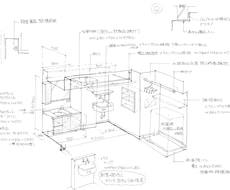 3.手描きのパースに図面情報を載せて制作します 建築や内装の設計図を分かりやすく説明できる資料として。