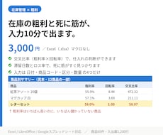 在庫管理表のエクセルで粗利と回転を出します 入力は日付と数量だけ。交叉比率まで自動で出ます