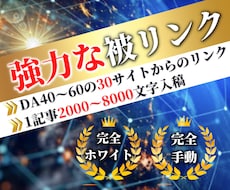 DA40～60のサイトから30本リンクを送ります 評価の高いサイトから記事込みであなたのサイトを押し上げます。