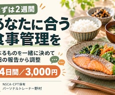 2週間あなたに合う食事管理を毎日サポートしますます 国際資格保有のトレーナーが生活に合う食事を一緒に考えます