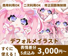 デフォルメキャラ表情差分5点セットかきます 魅力的な商用利用OKですぐに使えるSDキャラ描きます！
