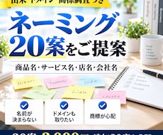 商品・店・会社名の案を20個3,000円で出します 由来・ドメイン空き・商標の先行調査つき◎追加20案OK