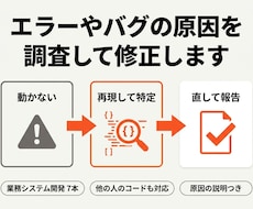 エラーや不具合の原因を調査して修正します 他の人が作ったコードでも対応。再現条件から特定します