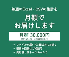 Excel・CSVの毎週の集計を月額で行います ファイルを送るだけで、決まった形の表が毎週届きます