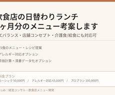 飲食店の日替わりランチ1ヶ月分のメニュー考案ます PFC・コンセプト対応、介護食/給食も対応可能なメニュー考案