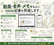 動画・音声・メモをもとにnote記事を作成します お話しされた内容や箇条書きのメモから、1本の記事に仕上げます