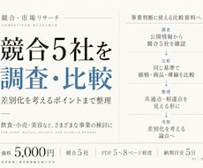 競合5社を調査し比較・差別化ポイントを整理します 価格・サービス・訴求を比較し、事業判断に使える形で整理します