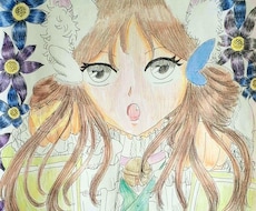 お花に囲まれた色鉛筆とペン画の1枚絵描きます イメージ1