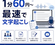 1分60円　素早く動画・音声を文字起こします 高度な議事録化、要点整理、話者分けは別途対応可能です