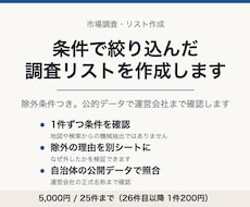 条件で絞り込んだ調査リストを作成します 除外条件つき。公的データで運営会社まで確認します