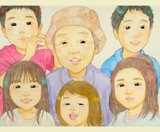 手描き水彩で描く、やさしい家族似顔絵を作成します 家族の思い出を残したい方や、贈り物におすすめの似顔絵【A4】