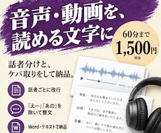 読んで分かる話者分け文字起こしをお届けします 60分1,500円。話者分け・ケバ取り済み。Wordで納品