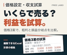 価格・収支の計算表と設計資料を作ります 価格設定・収支計画をExcelで整理、粗利と損益分岐点を試算