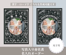 双子の写真入り命名書ポスターを印刷して発送します A4/A3サイズ対応・2人の出生データを一枚の記念ポスターに