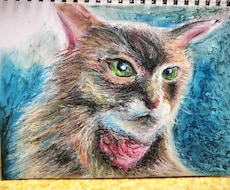 猫ちゃんをクレヨン、色鉛筆、水彩絵の具で描きます