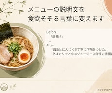 飲食店のメニュー説明文を書きます 食欲をそそる魅力的な文章で注文率UP