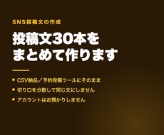 SNSの投稿文30本をまとめて作ります CSVでお渡しします。投稿はお客様側でされる形です