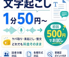1分50円!文字起こし・テープ起こし承ります 初回最大2500円分の無料枠あり！各種形式まで対応します！