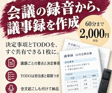 録音を翌日そのまま共有できる議事録にします 60分2,000円。決定事項・TODOと全文起こし