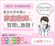 東大卒家庭教師が1週間何でも質問に答えます 高校生の学習や受験勉強を総合的に全力サポート！