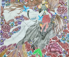 お花に囲まれたペン画と色鉛筆の絵を描きます イメージ1