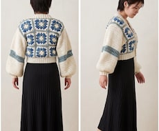 手編みモチーフ柄ショート丈カーディガンを制作します レトロ可愛いグラニースクエア柄！サイズや色の相談も承ります