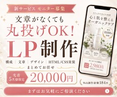先着5名様限定・モニター価格でLPを制作します 構成・文章・デザインおまかせでOK！先着5名様20,000円