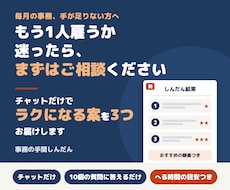 事務の手間を診断し、へらす案を3つ出します もう1人雇う前に。チャットだけで、ラクになる案を3つお届け