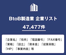 BtoB製造業 企業リスト即納します 47,477件｜法人データ（電話・FAX・HP情報含む）