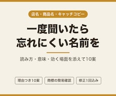 覚えてもらえる名前とキャッチコピーを考えます 店名・商品名・サービス名を、理由つきで10案お出しします